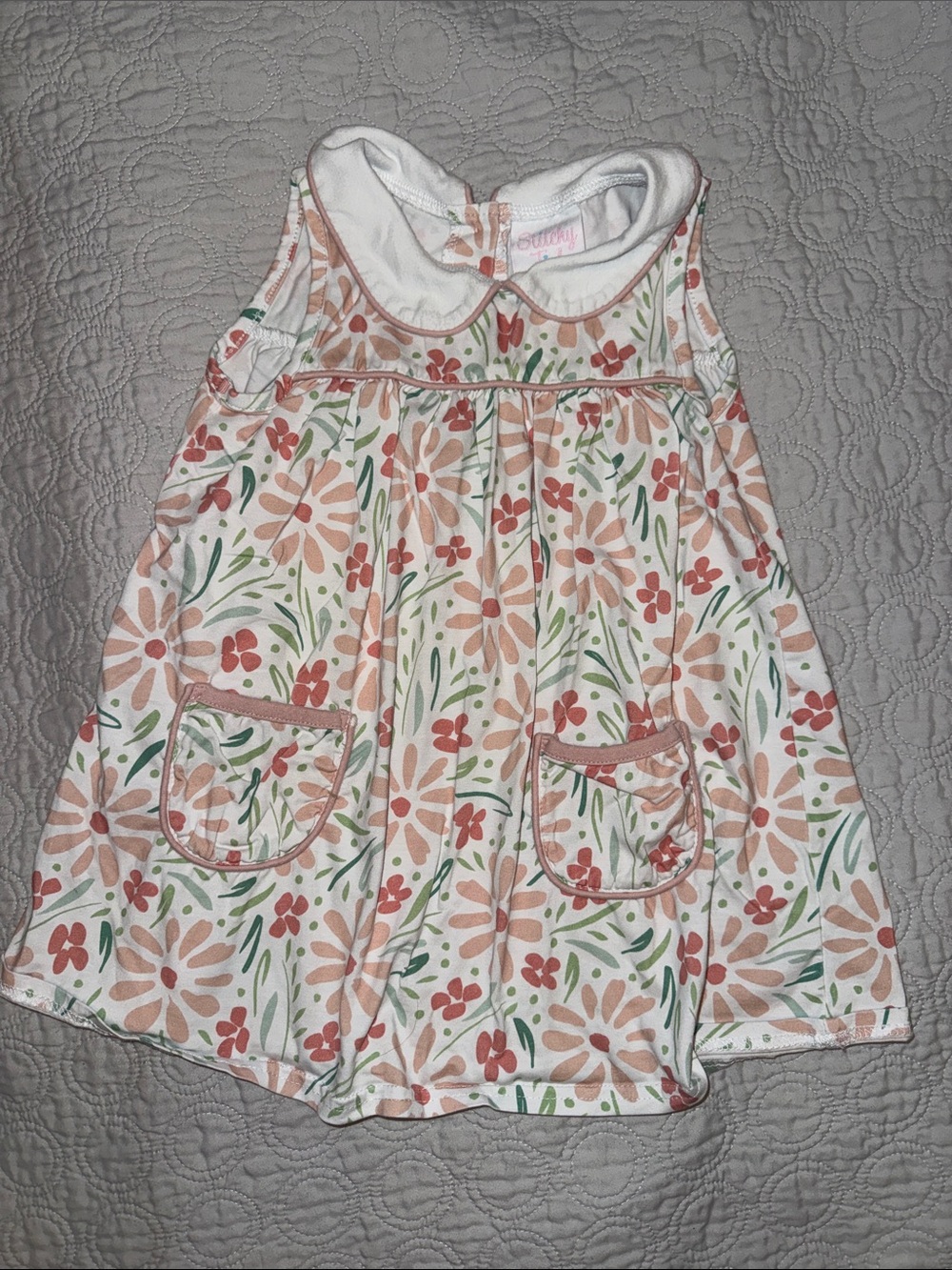 Stitchy Fish - Girls Floral Pocket Dress - White with Peach & Green - Unbranded
